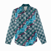 Polynesian Monstera Tiare Floral Women Casual Shirt Dark Teal Tropical Plaid - Polynesian Pride