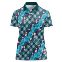 Polynesian Monstera Tiare Floral Women Polo Shirt Dark Teal Tropical Plaid LT01 Female Teal - Polynesian Pride