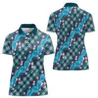 Polynesian Monstera Tiare Floral Women Polo Shirt Dark Teal Tropical Plaid LT01 - Polynesian Pride