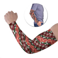 Polynesian Monstera Tiare Floral Arm Sleeves Burgundy Tropical Plaid LT01 Set of 2 Red - Polynesian Pride