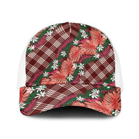 Polynesian Monstera Tiare Floral Baseball Net Cap Burgundy Tropical Plaid - Polynesian Pride