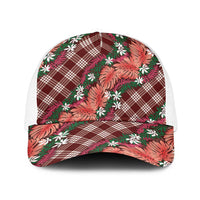 Polynesian Monstera Tiare Floral Baseball Net Cap Burgundy Tropical Plaid LT01 One Size White Red - Polynesian Pride