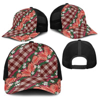 Polynesian Monstera Tiare Floral Baseball Net Cap Burgundy Tropical Plaid LT01 - Polynesian Pride