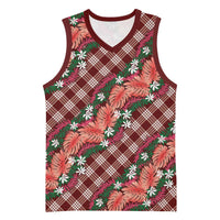 Polynesian Monstera Tiare Floral Basketball Jersey Burgundy Tropical Plaid LT01 Unisex Red - Polynesian Pride