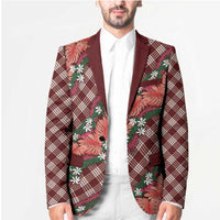 Polynesian Monstera Tiare Floral Blazer Burgundy Tropical Plaid - Polynesian Pride