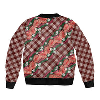 Polynesian Monstera Tiare Floral Bomber Jacket Burgundy Tropical Plaid - Polynesian Pride