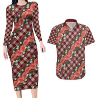 Polynesian Monstera Tiare Floral Couples Matching Long Sleeve Bodycon Dress and Hawaiian Shirt Burgundy Tropical Plaid - Polynesian Pride