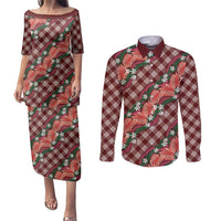 Polynesian Monstera Tiare Floral Couples Matching Puletasi and Long Sleeve Button Shirt Burgundy Tropical Plaid LT01 Red - Polynesian Pride
