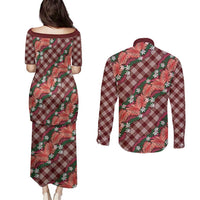 Polynesian Monstera Tiare Floral Couples Matching Puletasi and Long Sleeve Button Shirt Burgundy Tropical Plaid LT01 - Polynesian Pride