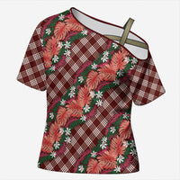 Polynesian Monstera Tiare Floral Cross Shoulder Shirt Burgundy Tropical Plaid LT01 Female Red - Polynesian Pride