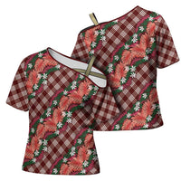 Polynesian Monstera Tiare Floral Cross Shoulder Shirt Burgundy Tropical Plaid LT01 - Polynesian Pride