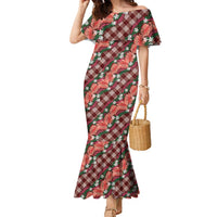 Polynesian Monstera Tiare Floral Family Matching Mermaid Dress and Hawaiian Shirt Burgundy Tropical Plaid - Polynesian Pride