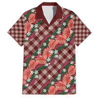 Polynesian Monstera Tiare Floral Family Matching Off The Shoulder Long Sleeve Dress and Hawaiian Shirt Burgundy Tropical Plaid - Polynesian Pride