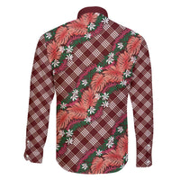 Polynesian Monstera Tiare Floral Family Matching Off The Shoulder Long Sleeve Dress and Hawaiian Shirt Burgundy Tropical Plaid - Polynesian Pride