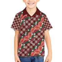 Polynesian Monstera Tiare Floral Family Matching Off The Shoulder Long Sleeve Dress and Hawaiian Shirt Burgundy Tropical Plaid - Polynesian Pride
