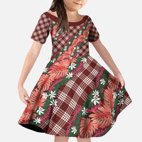 Polynesian Monstera Tiare Floral Family Matching Puletasi and Hawaiian Shirt Burgundy Tropical Plaid - Polynesian Pride