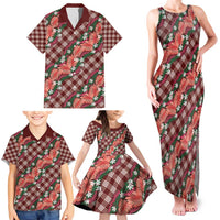 Polynesian Monstera Tiare Floral Family Matching Tank Maxi Dress and Hawaiian Shirt Burgundy Tropical Plaid - Polynesian Pride