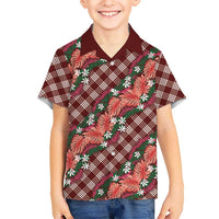 Polynesian Monstera Tiare Floral Hawaiian Shirt Burgundy Tropical Plaid - Polynesian Pride