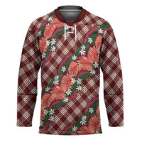 Polynesian Monstera Tiare Floral Hockey Jersey Burgundy Tropical Plaid - Polynesian Pride