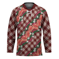 Polynesian Monstera Tiare Floral Hockey Jersey Burgundy Tropical Plaid - Polynesian Pride