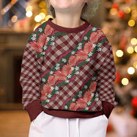 Polynesian Monstera Tiare Floral Kid Ugly Christmas Sweater Burgundy Tropical Plaid LT01 - Polynesian Pride