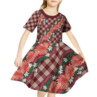 Polynesian Monstera Tiare Floral Kid Short Sleeve Dress Burgundy Tropical Plaid LT01 - Polynesian Pride