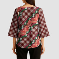 Polynesian Monstera Tiare Floral Kimono Sleeve Blouse Burgundy Tropical Plaid LT01 - Polynesian Pride