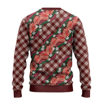 Polynesian Monstera Tiare Floral Ugly Christmas Sweater Burgundy Tropical Plaid - Polynesian Pride