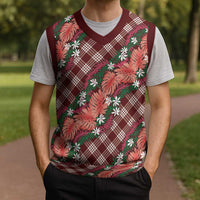 Polynesian Monstera Tiare Floral Christmas Knitted V-Neck Vest Burgundy Tropical Plaid LT01 - Polynesian Pride