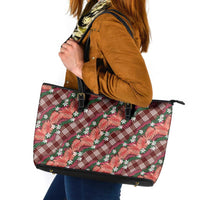 Polynesian Monstera Tiare Floral Leather Tote Bag Burgundy Tropical Plaid - Polynesian Pride