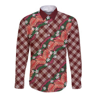 Polynesian Monstera Tiare Floral Long Sleeve Button Shirt Burgundy Tropical Plaid LT01 Unisex Red - Polynesian Pride