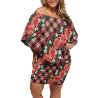 Polynesian Monstera Tiare Floral Off Shoulder Short Dress Burgundy Tropical Plaid LT01 Women Red - Polynesian Pride
