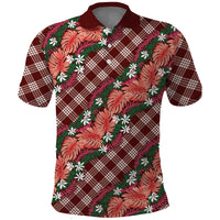 Polynesian Monstera Tiare Floral Polo Shirt Burgundy Tropical Plaid LT01 Red - Polynesian Pride