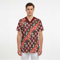 Polynesian Monstera Tiare Floral Scrub Top Burgundy Tropical Plaid LT01 - Polynesian Pride