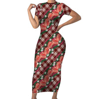 Polynesian Monstera Tiare Floral Short Sleeve Bodycon Dress Burgundy Tropical Plaid LT01 Long Dress Red - Polynesian Pride