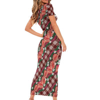 Polynesian Monstera Tiare Floral Short Sleeve Bodycon Dress Burgundy Tropical Plaid LT01 - Polynesian Pride