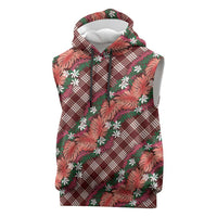 Polynesian Monstera Tiare Floral Sleeveless Hoodie Burgundy Tropical Plaid LT01 Red - Polynesian Pride