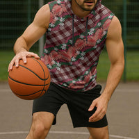 Polynesian Monstera Tiare Floral Sleeveless Hoodie Burgundy Tropical Plaid LT01 - Polynesian Pride