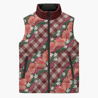 Polynesian Monstera Tiare Floral Sleeveless Puffer Jacket Burgundy Tropical Plaid LT01 Unisex Red - Polynesian Pride