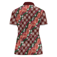Polynesian Monstera Tiare Floral Women Polo Shirt Burgundy Tropical Plaid LT01 - Polynesian Pride