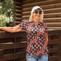 Polynesian Monstera Tiare Floral Women Polo Shirt Burgundy Tropical Plaid LT01 - Polynesian Pride