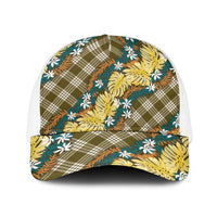 Polynesian Monstera Tiare Floral Baseball Net Cap Yellow Tropical Plaid - Polynesian Pride