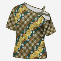 Polynesian Monstera Tiare Floral Cross Shoulder Shirt Yellow Tropical Plaid LT01 Female Yellow - Polynesian Pride