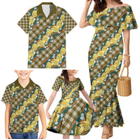 Polynesian Monstera Tiare Floral Family Matching Mermaid Dress and Hawaiian Shirt Yellow Tropical Plaid - Polynesian Pride