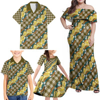 Polynesian Monstera Tiare Floral Family Matching Off Shoulder Maxi Dress and Hawaiian Shirt Yellow Tropical Plaid - Polynesian Pride
