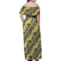 Polynesian Monstera Tiare Floral Family Matching Off Shoulder Maxi Dress and Hawaiian Shirt Yellow Tropical Plaid - Polynesian Pride