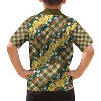 Polynesian Monstera Tiare Floral Family Matching Off Shoulder Short Dress and Hawaiian Shirt Yellow Tropical Plaid - Polynesian Pride