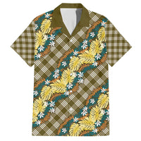 Polynesian Monstera Tiare Floral Family Matching Off Shoulder Short Dress and Hawaiian Shirt Yellow Tropical Plaid - Polynesian Pride
