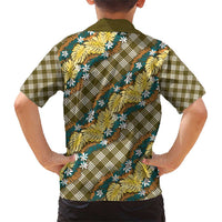 Polynesian Monstera Tiare Floral Family Matching Short Sleeve Bodycon Dress and Hawaiian Shirt Yellow Tropical Plaid - Polynesian Pride