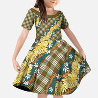 Polynesian Monstera Tiare Floral Family Matching Short Sleeve Bodycon Dress and Hawaiian Shirt Yellow Tropical Plaid - Polynesian Pride